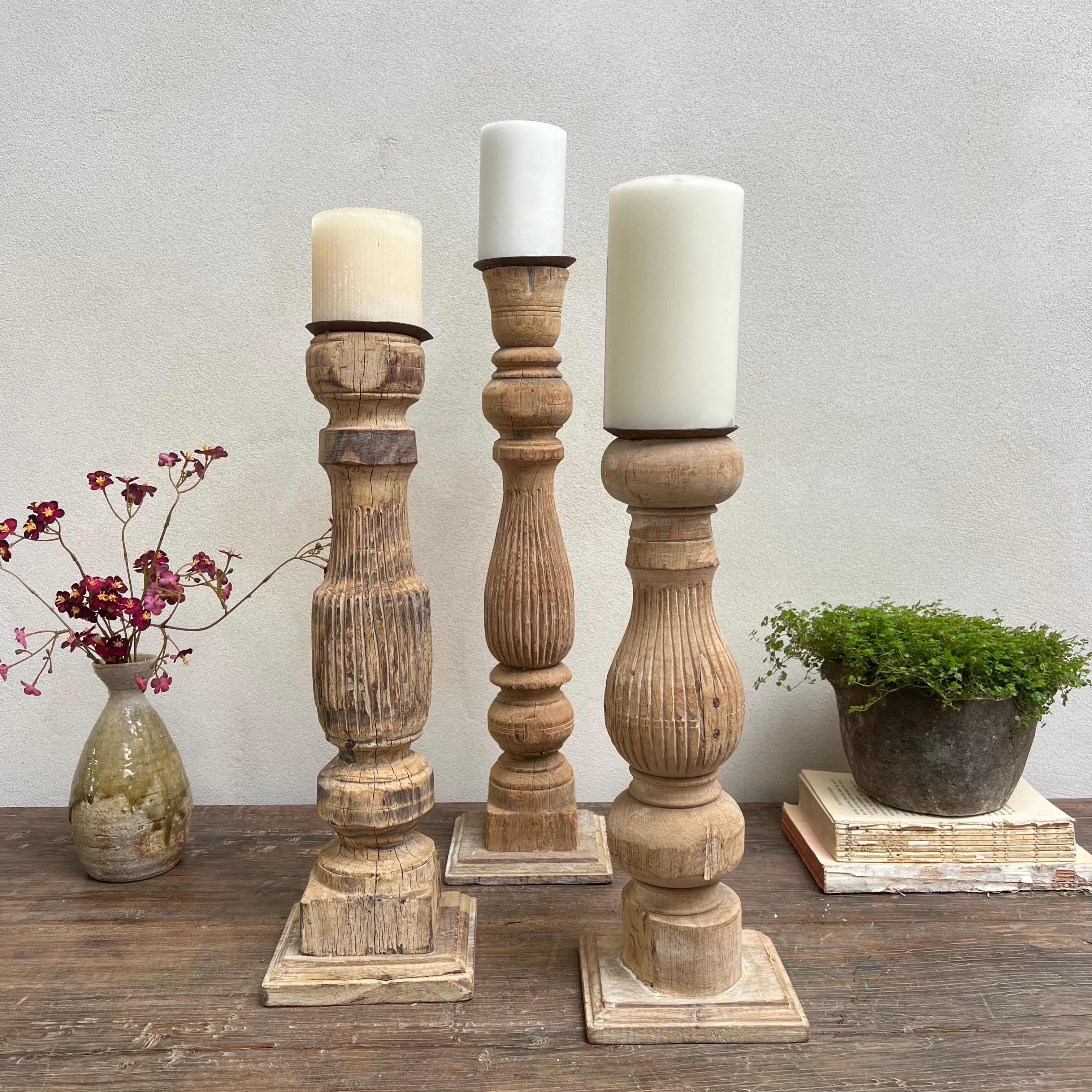 Antique Hand-Carved Wood Balustrade Candlestick Holder