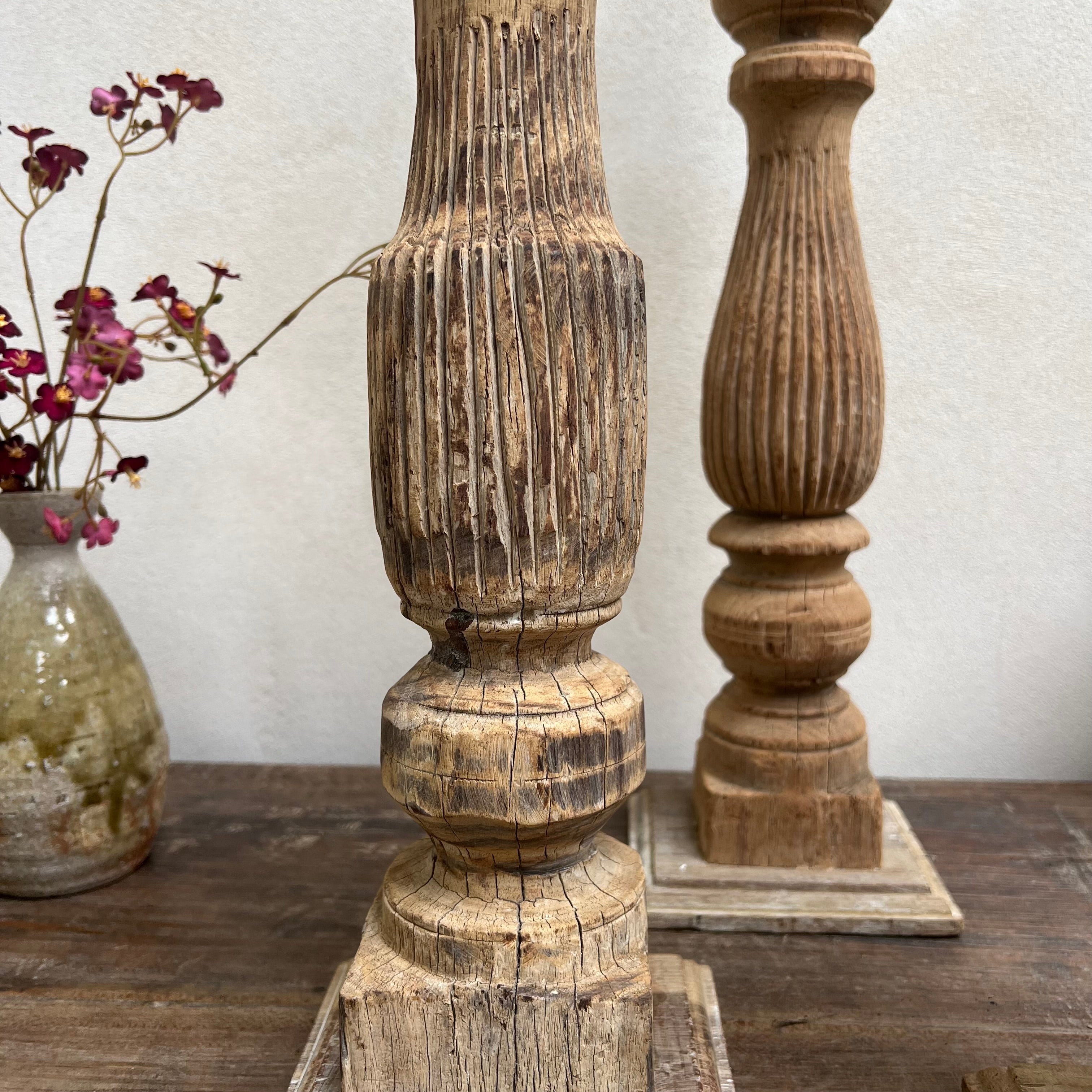 Antique Hand-Carved Wood Balustrade Candlestick Holder