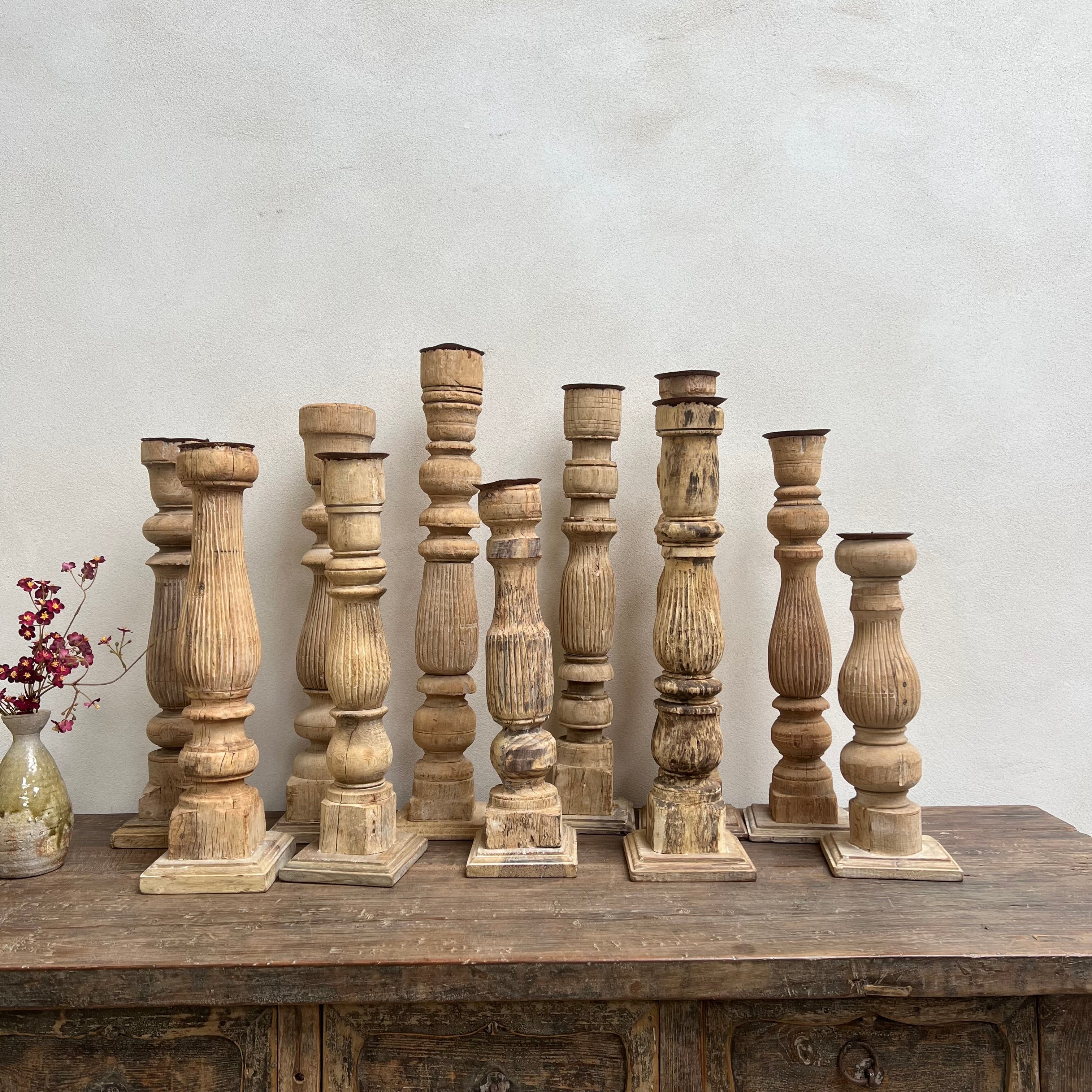 Antique Hand-Carved Wood Balustrade Candlestick Holder