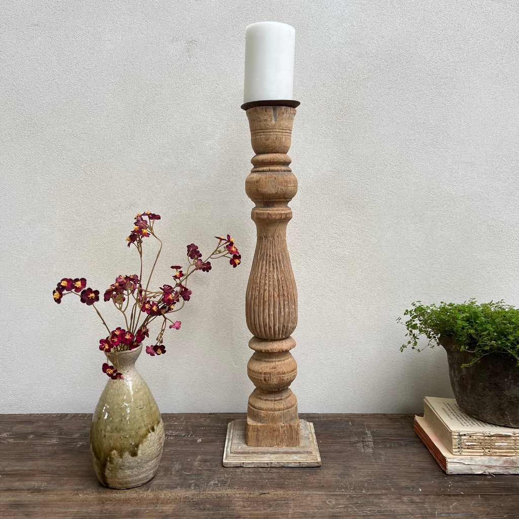 Antique Hand-Carved Wood Balustrade Candlestick Holder