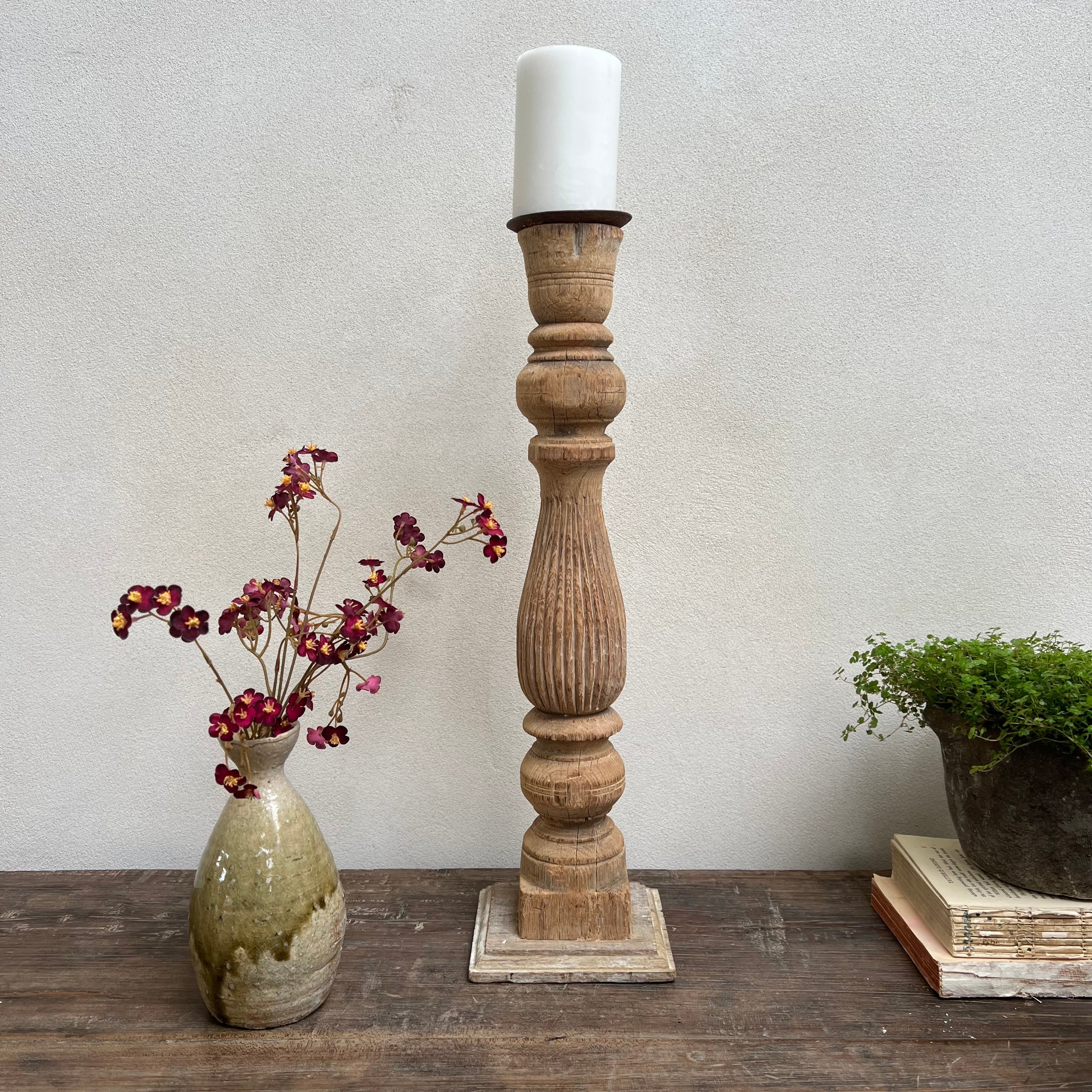 Antique Hand-Carved Wood Balustrade Candlestick Holder