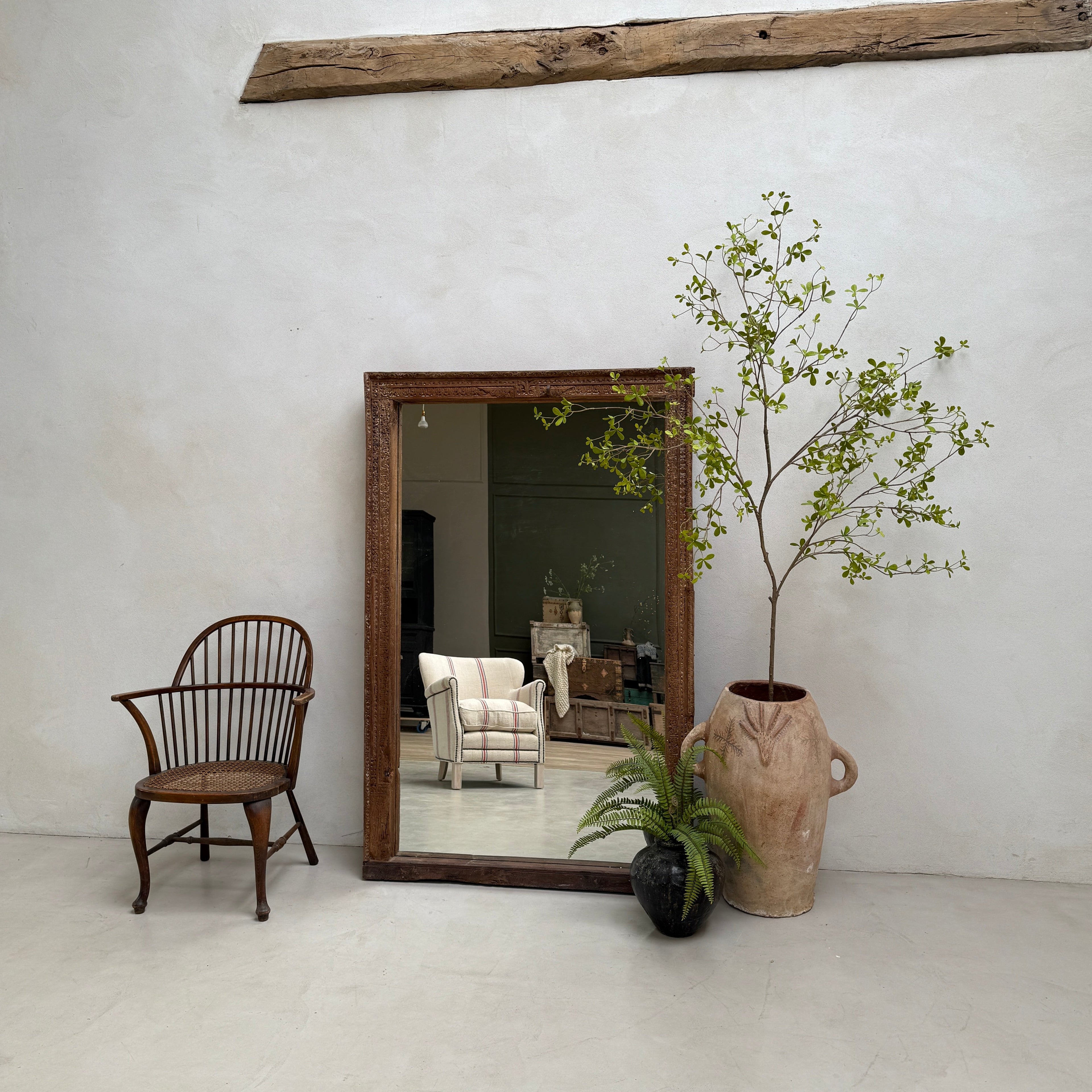 Antique Rustic Hand-Carved Wooden Full Length Mirror