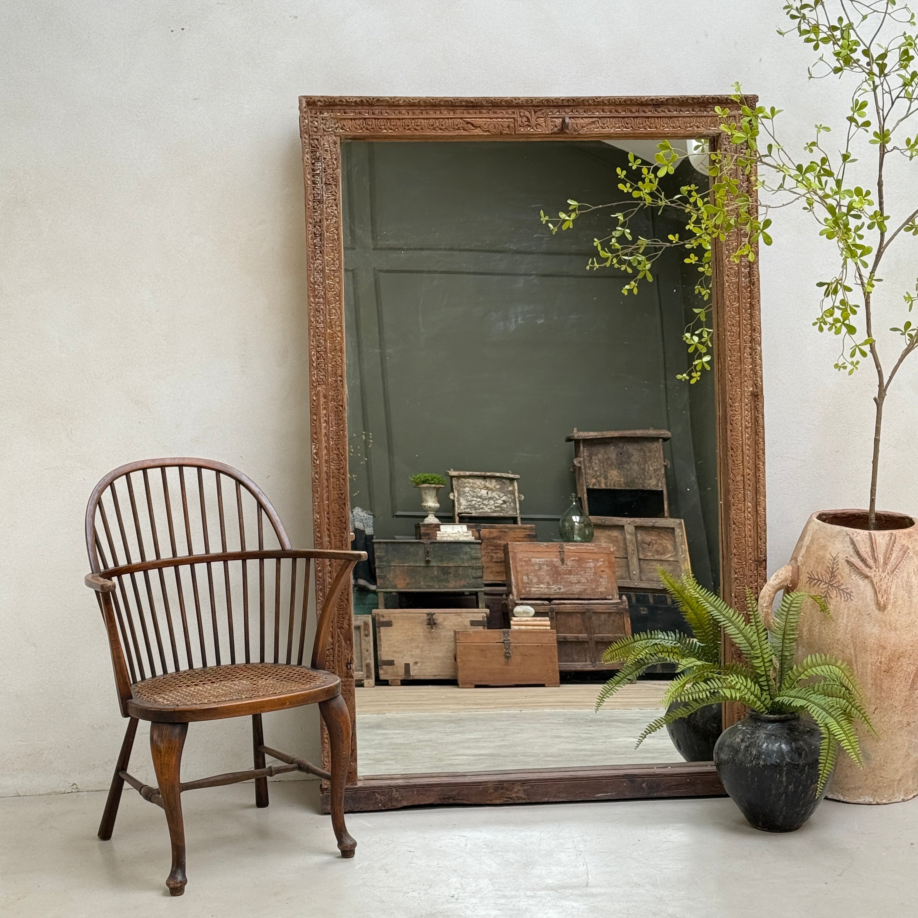 Antique Rustic Hand-Carved Wooden Full Length Mirror
