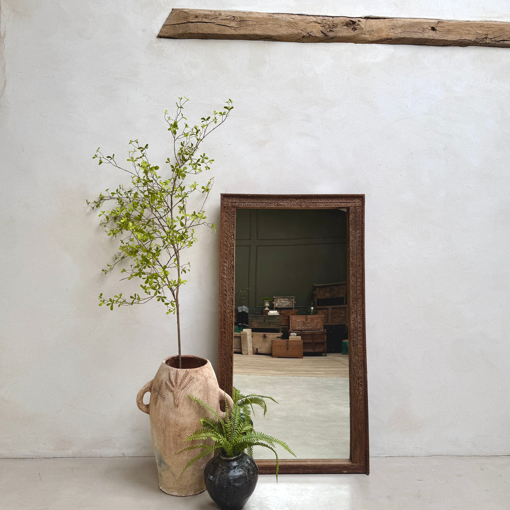 Antique Rustic Hand-Carved Wooden Full Length Mirror