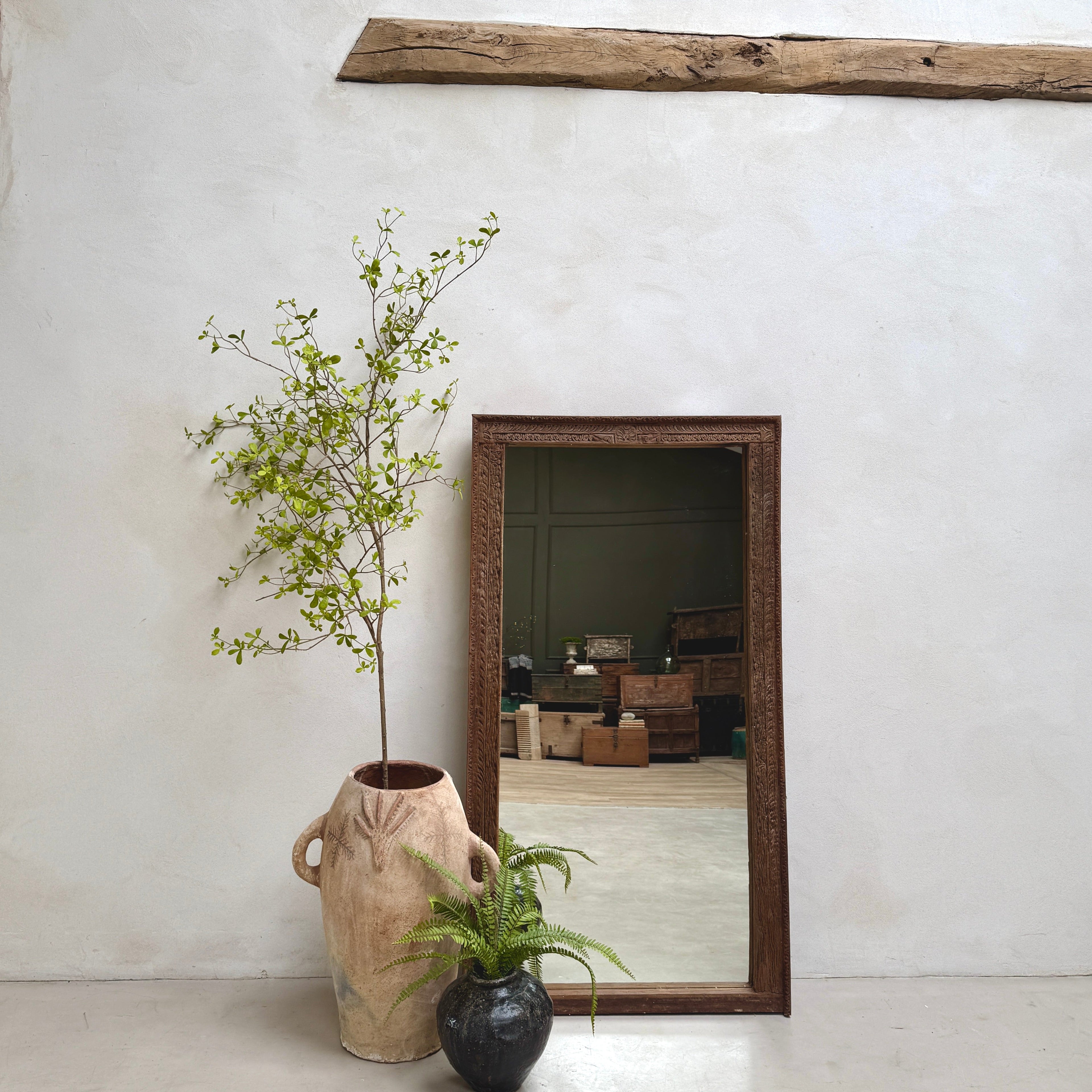 Antique Rustic Hand-Carved Wooden Full Length Mirror