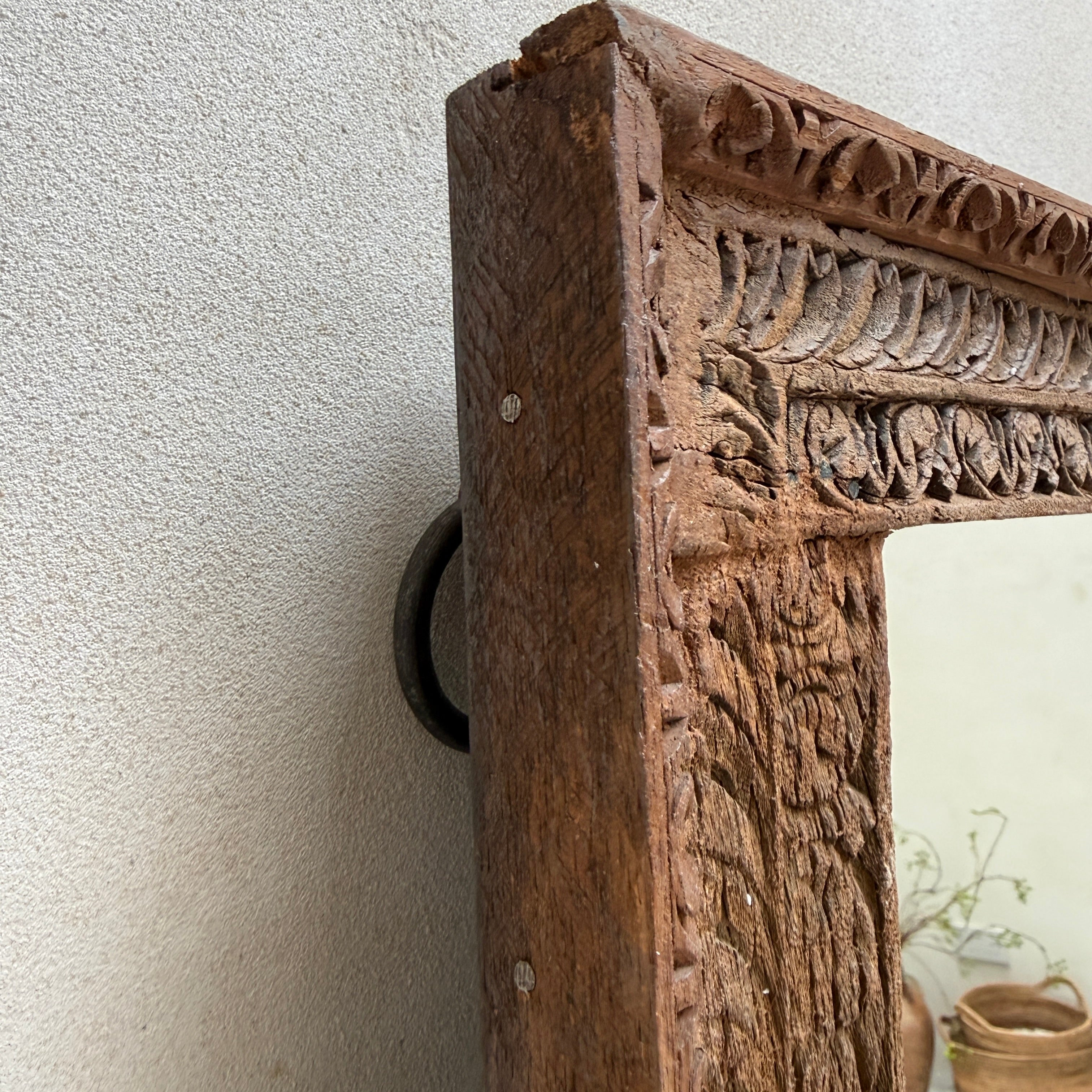 Antique Rustic Hand-Carved Wooden Full Length Mirror