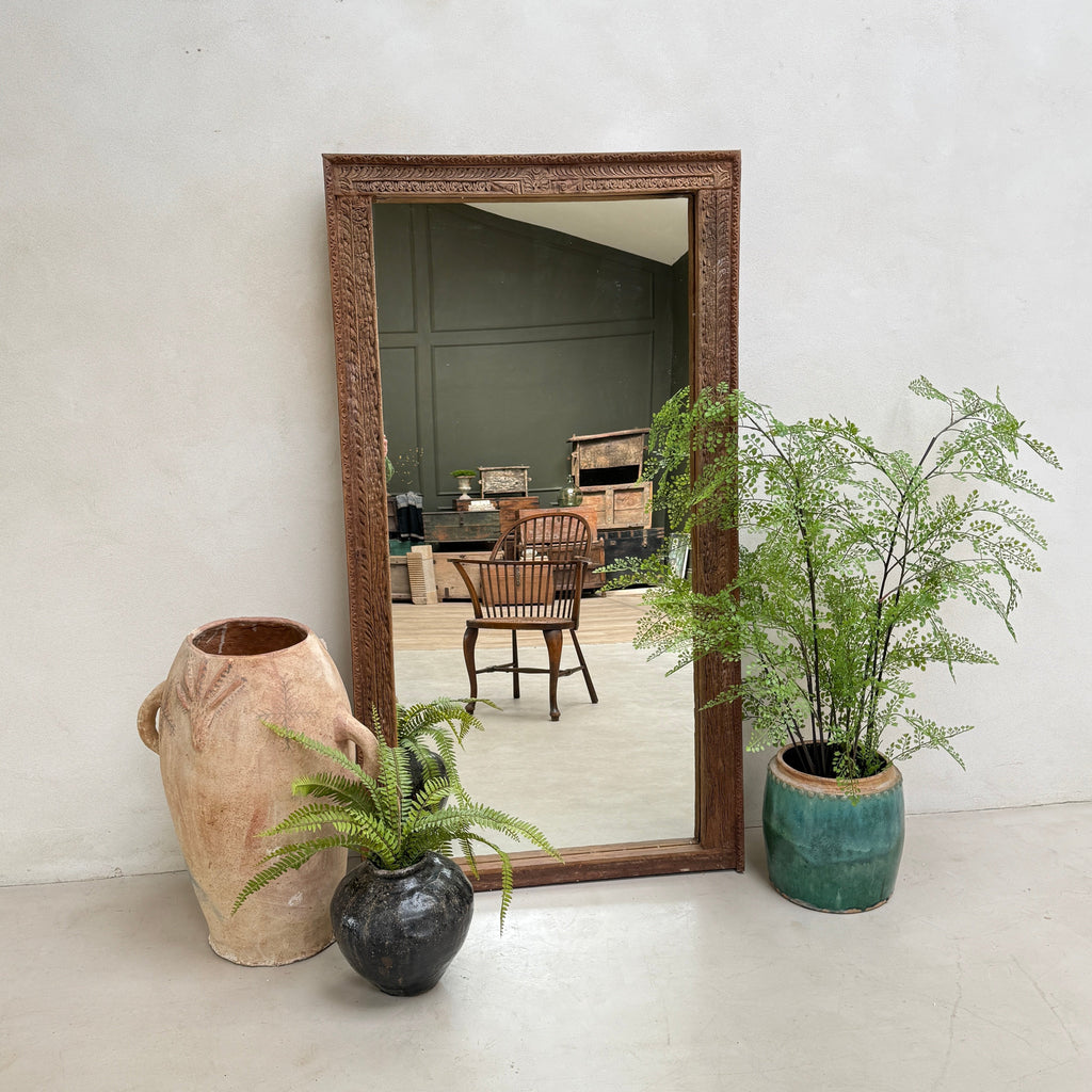 Antique Rustic Hand-Carved Wooden Full Length Mirror