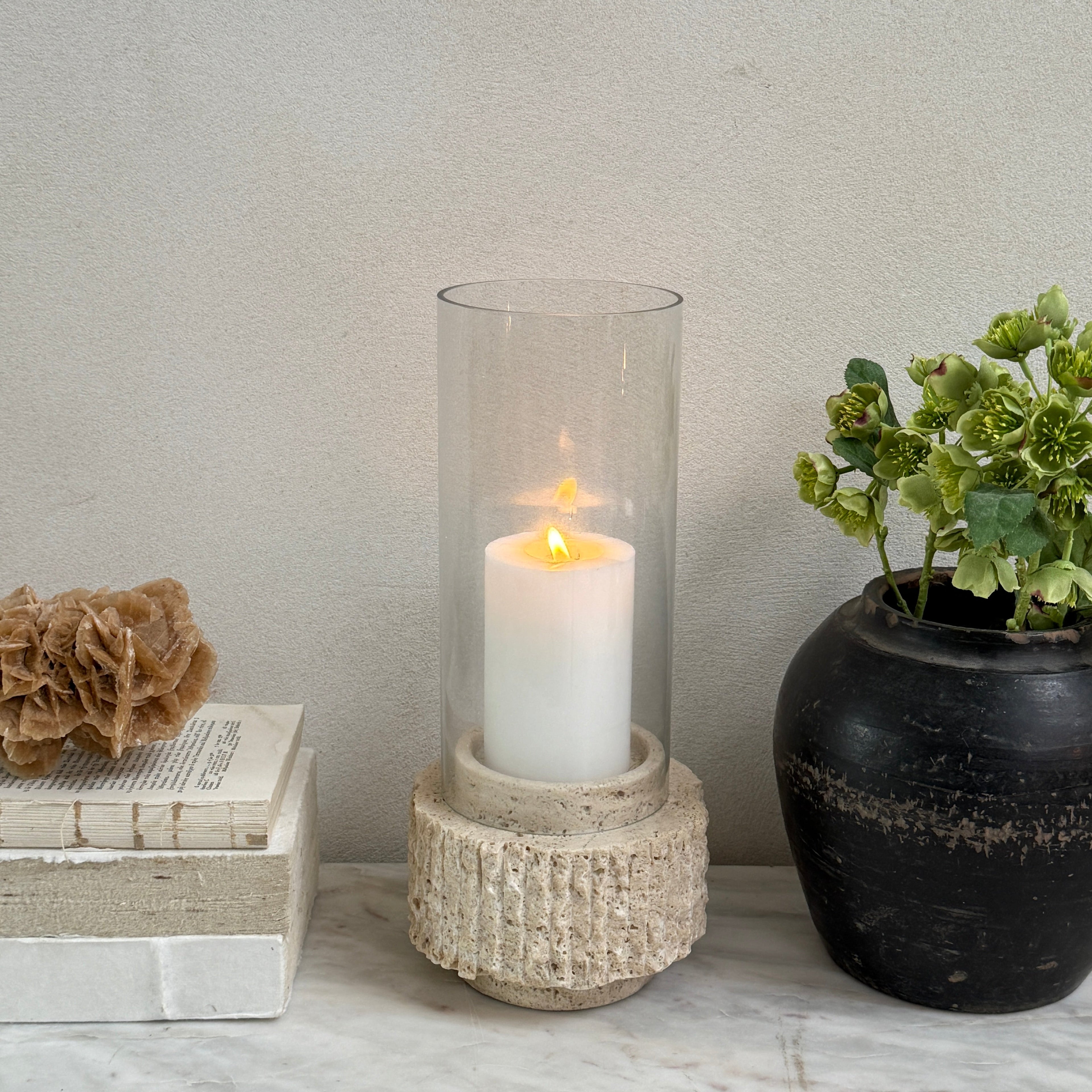 Travertine marble hurricane lantern