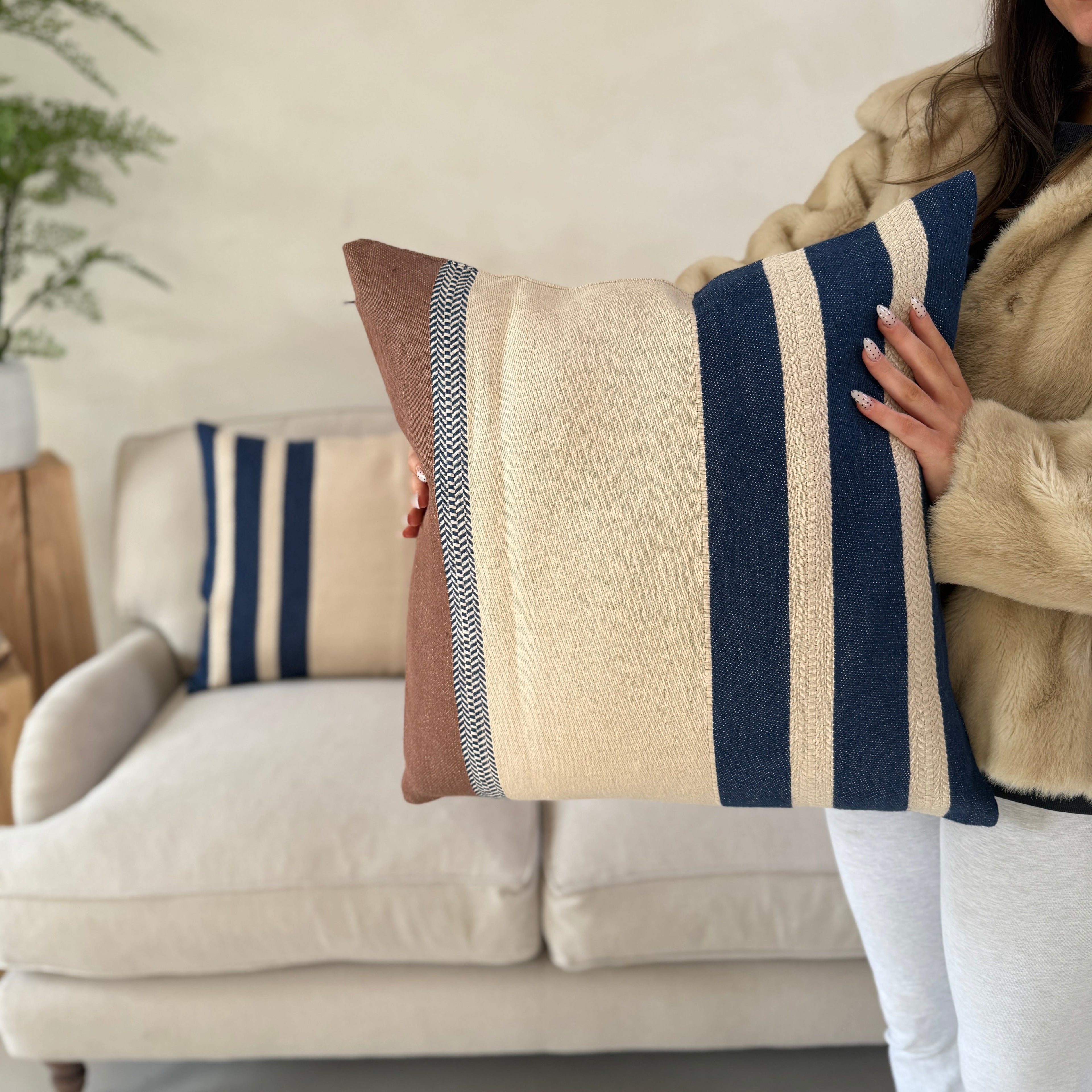 Woven Linen Cushion | Indigo Ochre Stripe