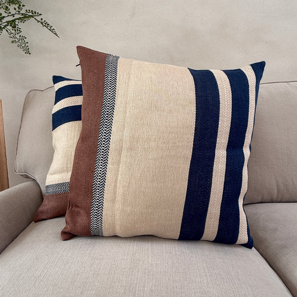 Woven Linen Cushion | Indigo Ochre Stripe