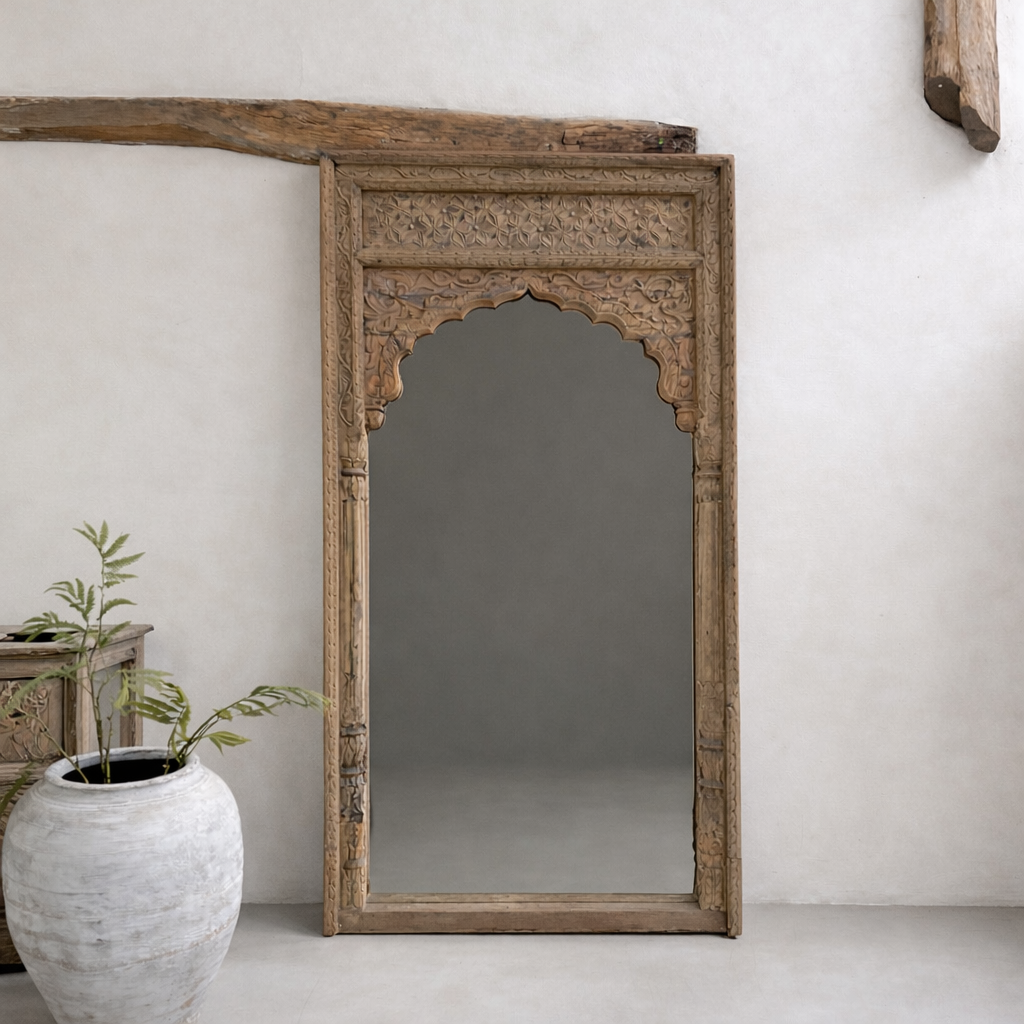 XL Antique Hand-carved arched teak mirror | Ilayah